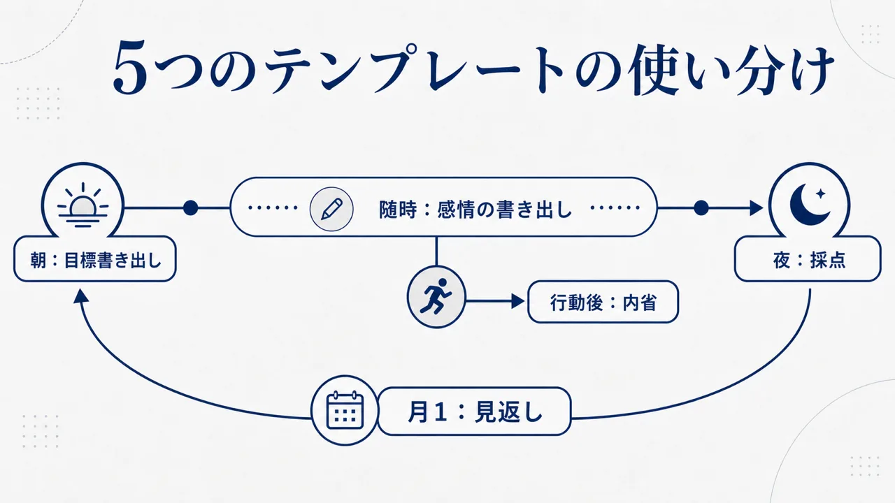 ジャーナリングのテンプレート5つの使い分けを朝・夜・随時・行動後・月1の場面別に示した図解
